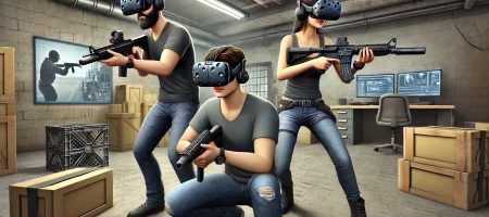 Friends play VR Paintball